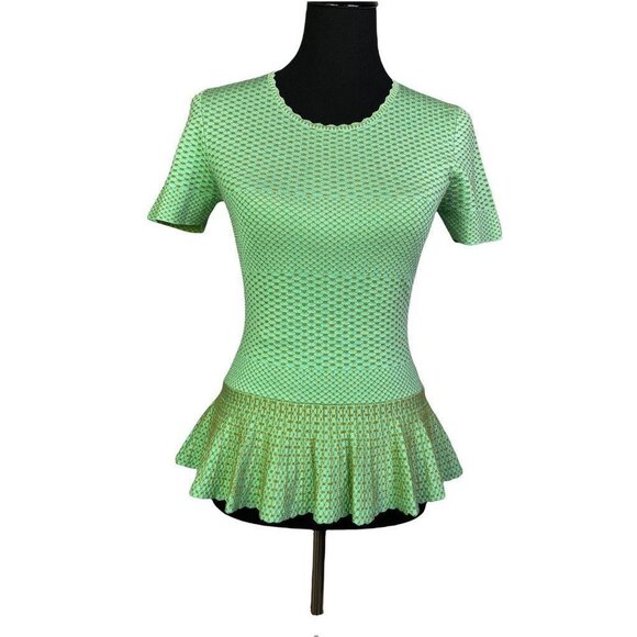 Torn By Ronny Kobo Womens Peplum Top Green Geometric Crew‎ Stretch Ruffles M - Picture 2 of 8